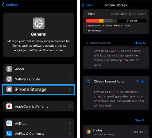 Select iPhone Storage option