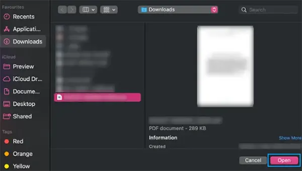Select the document and click on Open