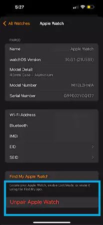 Unpair option for Apple watch
